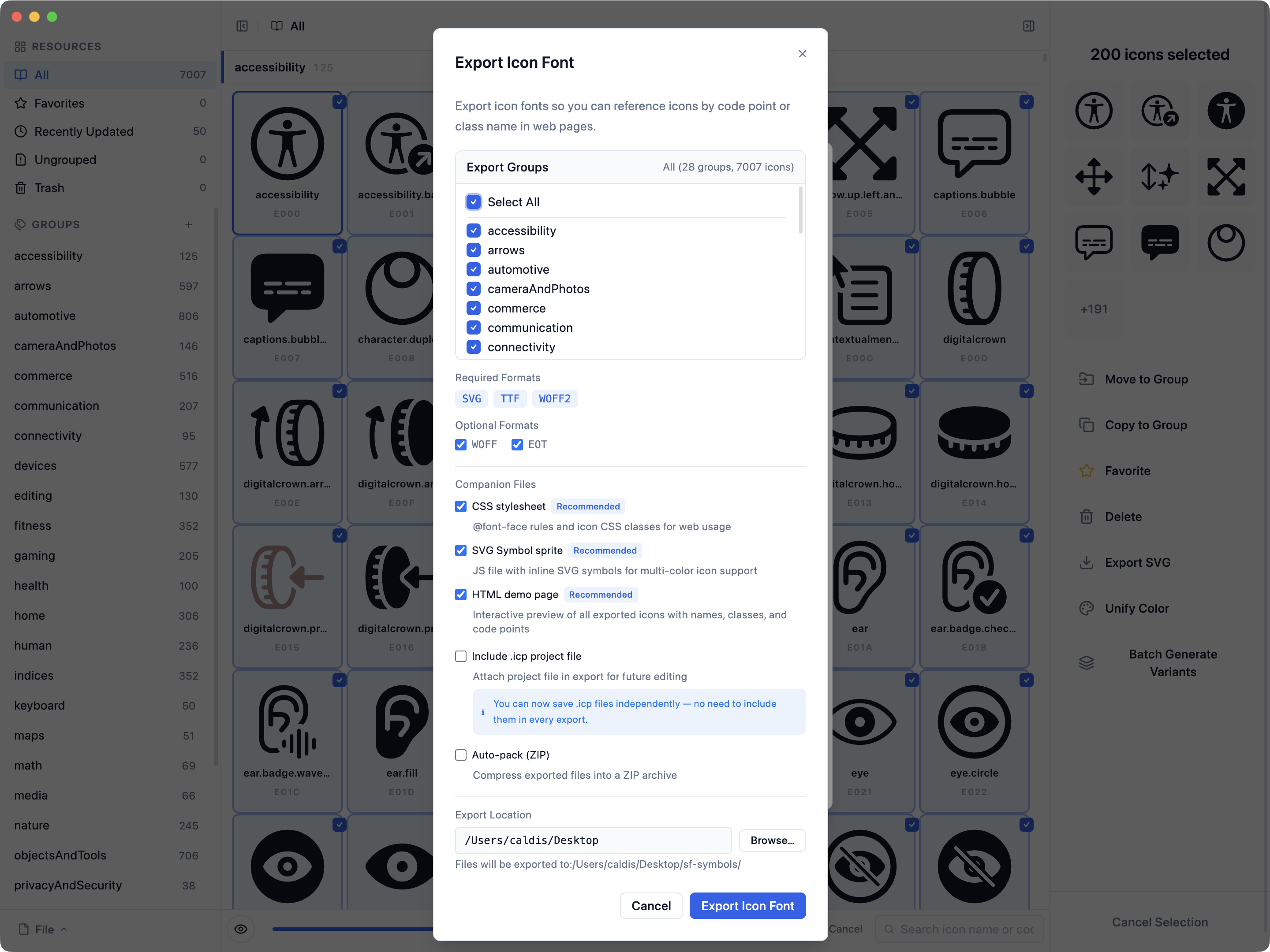 Batch select 13 icons with multi-select mode — move, copy, favorite, delete, and export operations